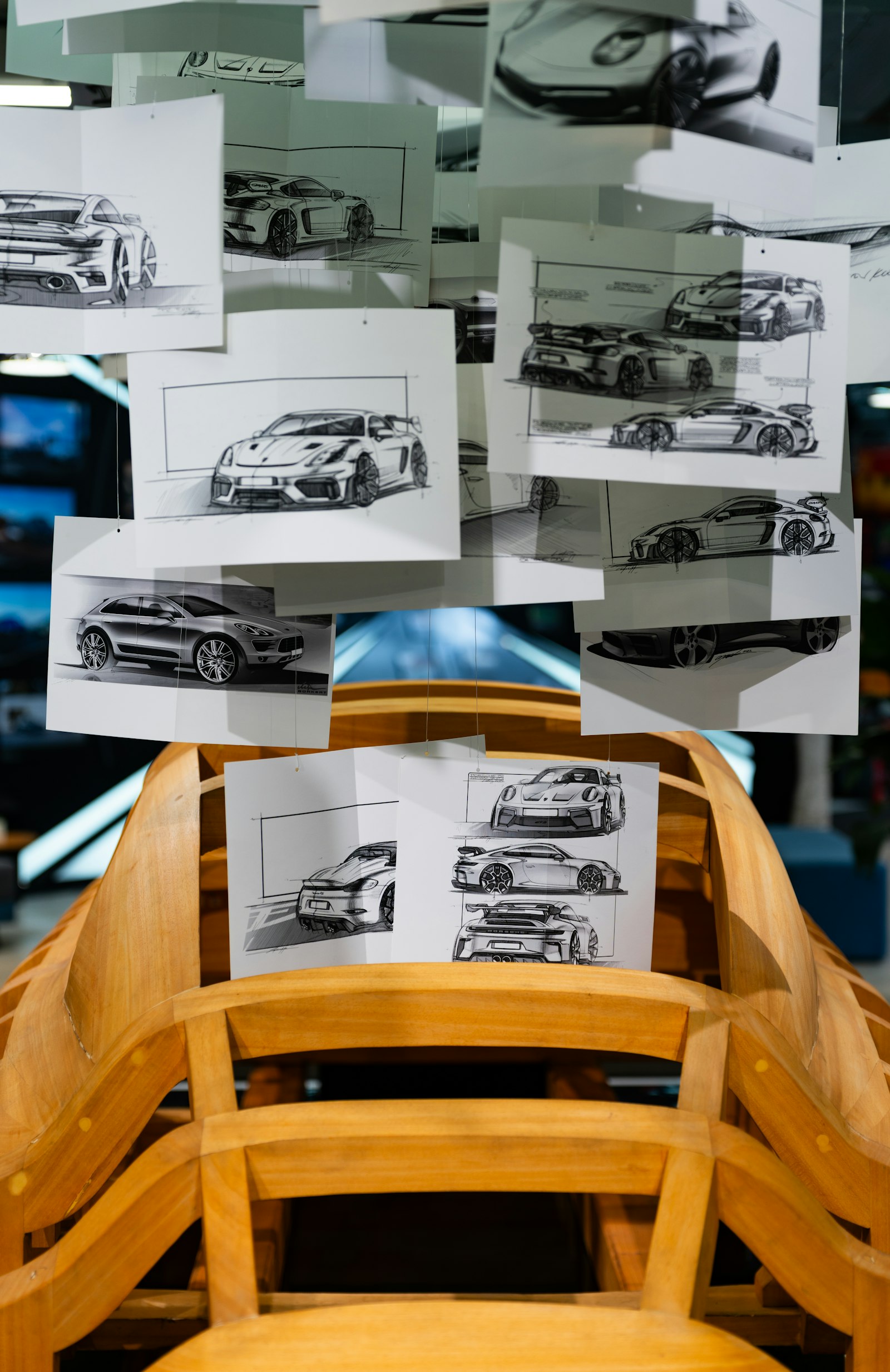 Car design sketches pinned above a wooden vehicle body buck in a design studio