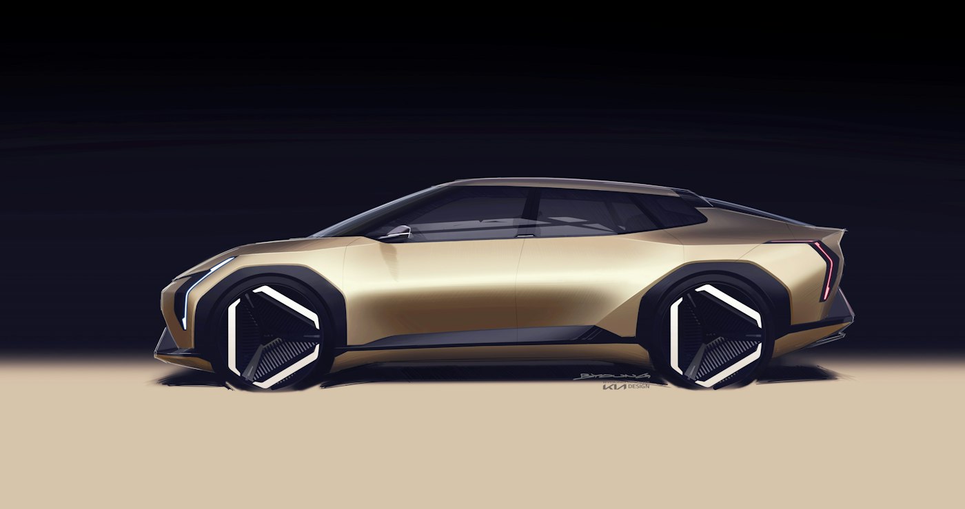 Concept car with a sculpted body shown in a dark studio